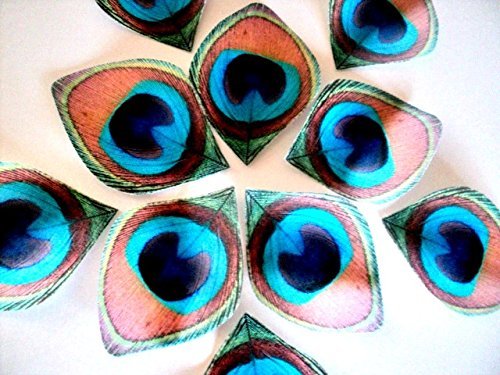 12 Edible Peacock Feathers Pre-cut 2.5" Edible Feathers Decor Eyes Teal Blue Green - Perfect for Wedding Cakes... N4
