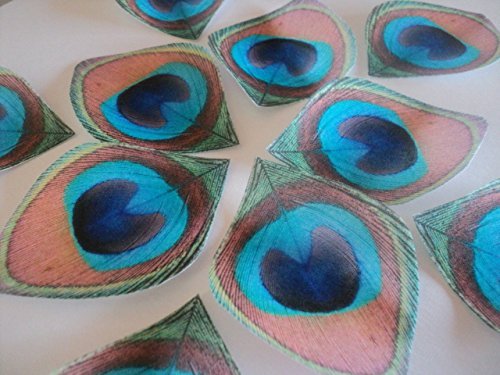 12 Edible Peacock Feathers Pre-cut 2.5" Edible Feathers Decor Eyes Teal Blue Green - Perfect for Wedding Cakes... N5