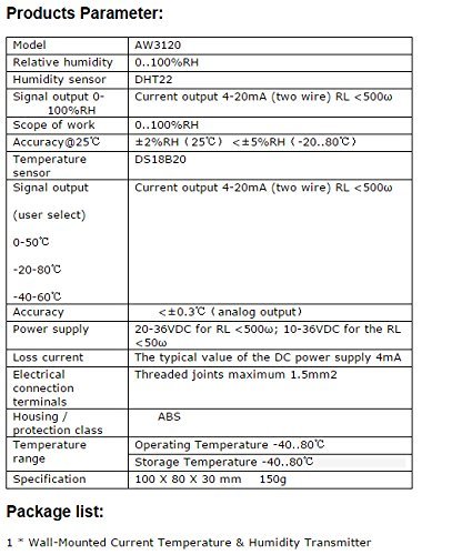 AW3020 Current Temperature & Humidity Sensor Transmitter(no LCD Display) N2