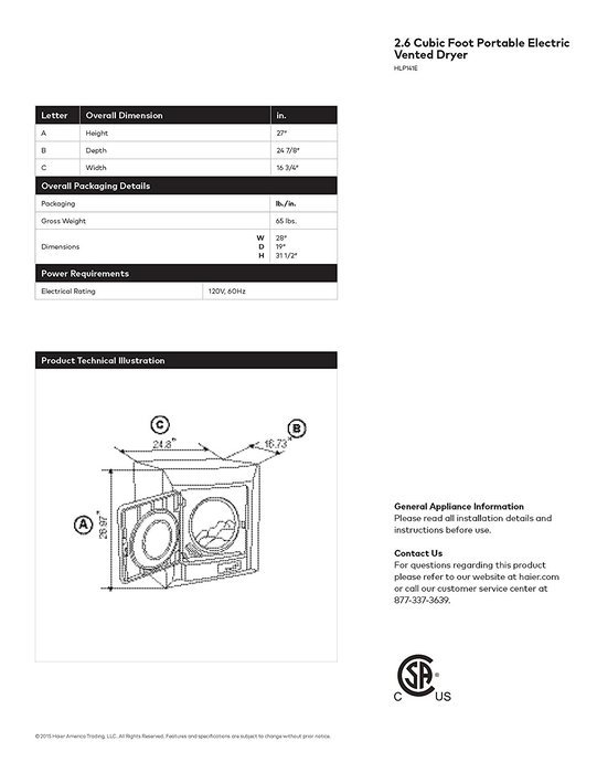 Haier HPL141E 2.6 cu. ft. Compact Electric Vented Dryer with Zinc Coated Drum and Electronic Controls N6