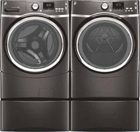 GE Diamond Gray Front Load Laundry Pair with GFWS1705HDG 27" Washer, GFDS175EHDG 27" Electric Dryer and 2 SBSC137HDG... N2