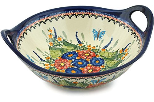 Polish Pottery Bowl with Handles 12-inch Spring Splendor UNIKAT N4