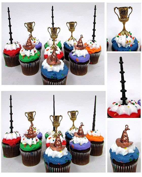 WIZARDING WORLD 9 Piece Birthday CUPCAKE Topper Set, Featuring 3 Random Wands and Wizard Themed Cupcake Toppers... N7