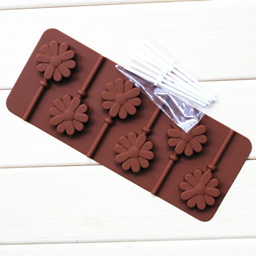 Wocuz 4-capacity Heart Star Flower Round Shape Silicone Lollipop Making Mold with Sticks (flower)
