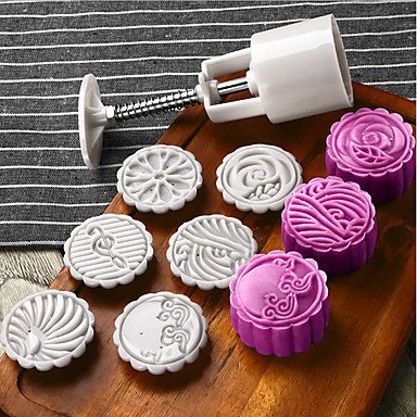 Y&XL&H 7Pcs/lot Hand pressing 50g Round Moon Cake Mold Belt 6 Stamps Cookie Cutter Pastry Moon Cake Molds