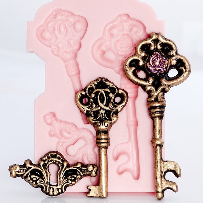 Victorian Rose Skeleton Key Silicone Mold, Food Safe Wedding Cake Decorating with Fondant, Chocolate, Candy, Craft... N2