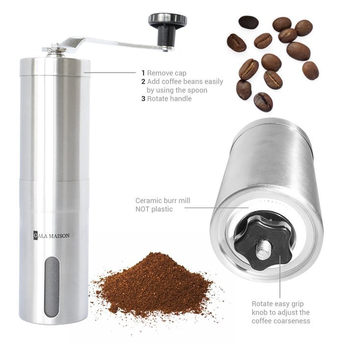 Gala Maison Manual Stainless Steel Coffee Grinder with Coffee Spoon N3