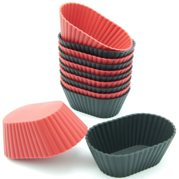 Freshware CB-302RB 12-Pack Silicone Mini Oval Reusable Cupcake and Muffin Baking Cup, Black and Red Colors