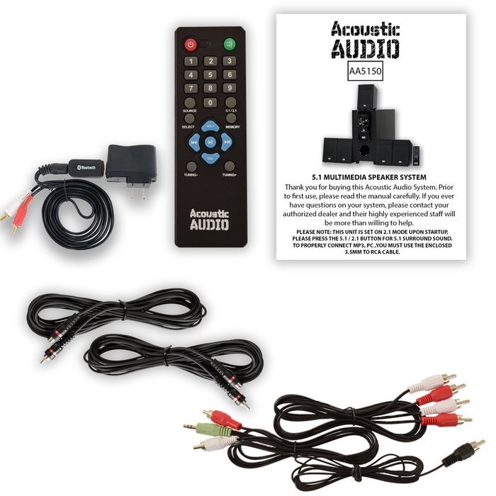 Acoustic Audio AA5150 Home Theater 5.1 Speaker System with Bluetooth FM Tuner and 2 Extension Cables N2