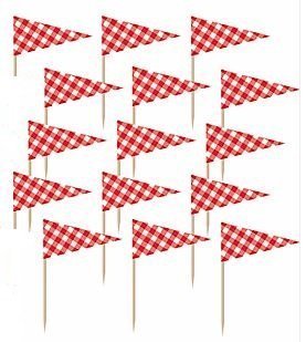Picnic Party Red Gingham Flag Cupcake Picks Set of 12