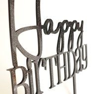 &quot;Happy Birthday&quot; Text Silhouette Plaque Cake Topper Pick - Black Glitter Finish N3