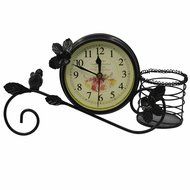 Personality Modern Stylish Metal Art Desk Table Clock With Brush Pot Pen Pencil Holder Black N3