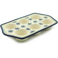 Polish Pottery Muffin Pan 14-inch Gingham Trellis N5