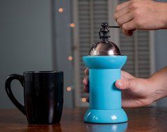 Premium Blue Wood and Metal Manual Coffee Bean Grinder with Screw-In Grounds Container N5