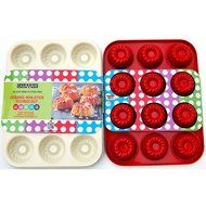 casaWare Ceramic Coated Non-Stick 12 Cup Mini Fluted Cake Pan (Cream/Blue) N2