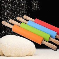 Sher 10'' Silicone Rolling Pin Dia.5.3cm x L 48cm Food Safe Silicone Material and Wooden Handle Random Colors N2