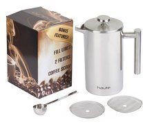 Haute Stainless Steel French Press Coffee Maker with Fill Lines, 2 Extra Filters and Coffee Scoop, 1L (Stainless... N4