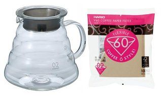The Hario XGS-60TB Glass Kettle (V60 Series) with Lid and 100 Paper Filters N2