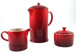 Le Creuset Cherry Stoneware French Press Coffee Maker With Matching Cream and Sugar Set