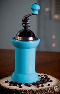 Premium Blue Wood and Metal Manual Coffee Bean Grinder with Screw-In Grounds Container N6