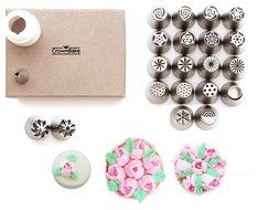 CrownBake DELUXE Russian Piping Tips 32 Pcs (2 XLarge Sphere Ball Nozzles, New SNOWFLAKE Tip , Large Coupler,... N3