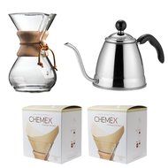 Save set Chemex Classic Wood Collar and Tie Glass 6-Cup Coffee Maker with 100 Count Bonded Circle Coffee Filters...