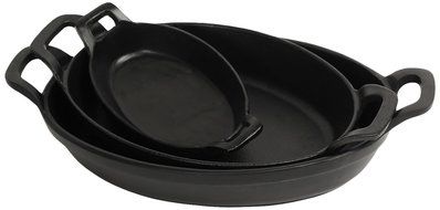 Insideretail 10060123ABC Premium Quality Cast Iron Oval Stackable Roasting Dish, Medium, Black, Set of 3