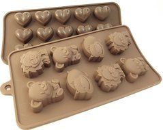Set 2 silicone Chocolate Candy Molds; 1 Hearts mold and 1 mold of Hippos/Lions/Bears. Ice cubes, Candies, Gummies... N2