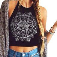 PHOTNO Womens Mandala Print Sleeveless Halterneck Tank Crop Tops Vest Blouse T-Shirt N6