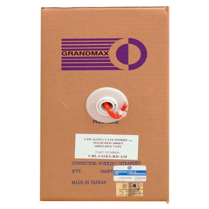 Grandmax CAT6 550MHz Shielded Solid Bulk Cable, 1000ft, STP Pull Box, CMR Rated, 100% Pure Copper, Multiple Colors... N16
