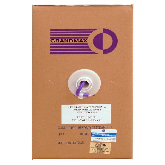 Grandmax CAT6 550MHz Shielded Solid Bulk Cable, 1000ft, STP Pull Box, CMR Rated, 100% Pure Copper, Multiple Colors... N17