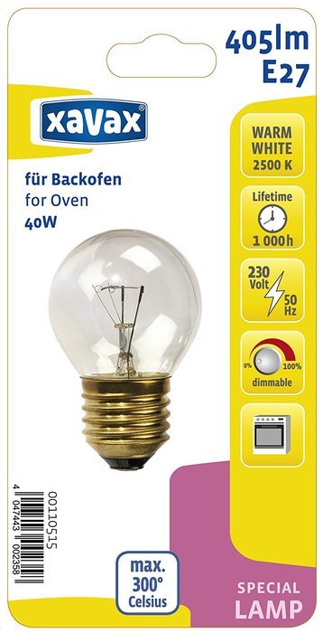 Xavax Oven Bulb 40w 300 degree E27 Drop Shape Clear [110515] N4