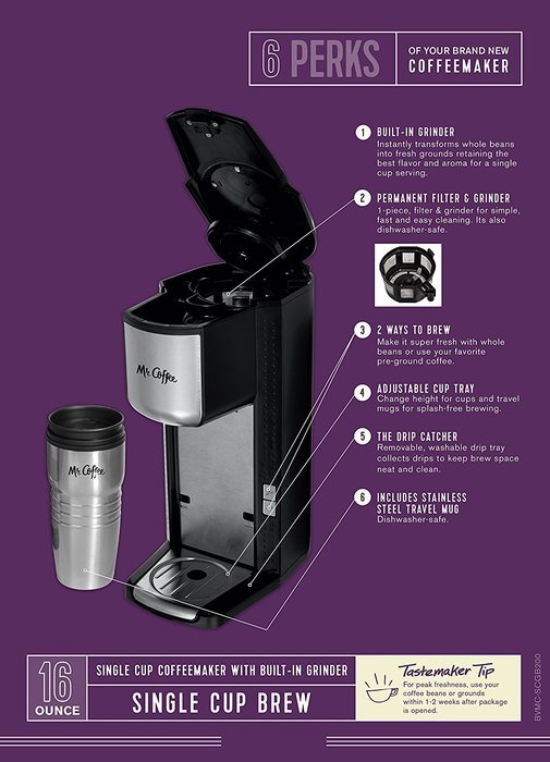 Mr. Coffee Grind n Brew Coffeemaker with Built-In Grinder and Travel Mug, SCGB200 N4