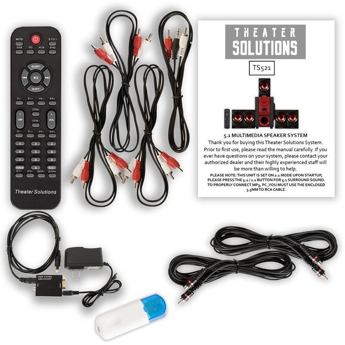 Theater Solutions TS521 Home 5.1 Speaker System with USB Bluetooth Optical Input and 2 Ext. Cables N2