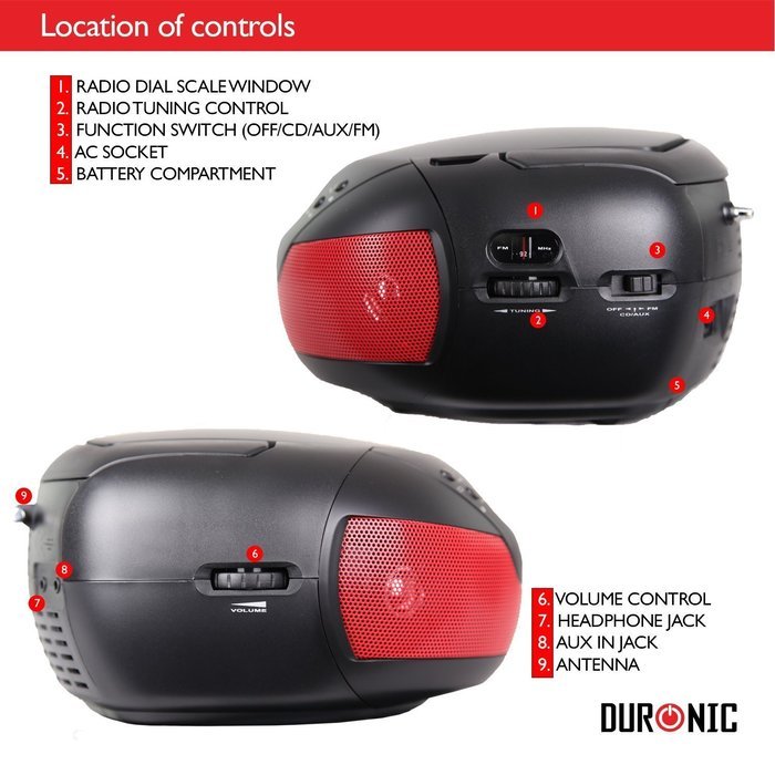 Duronic RCD008/RD Portable Compact Boombox CD Player with FM Radio -Red N5