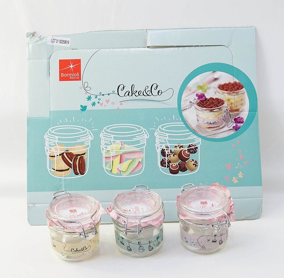 Bormioli Rocco: "Cake & Co." Jars, "Fido" Line, Three Colours (Green, Pink, Yellow) 6.76 Fluid Ounces (200ml)... N3