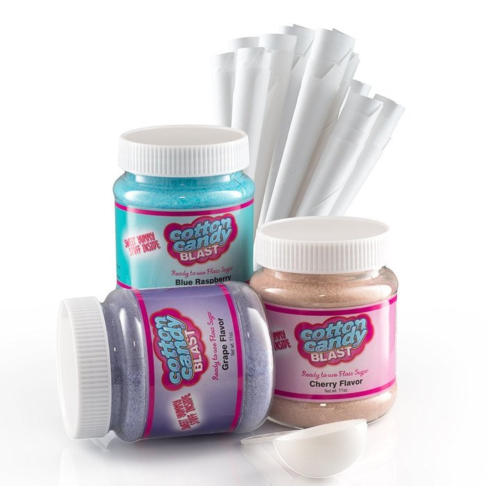Cotton Candy Floss Sugar Fun Pack ~ Blue Raspberry, Cherry & Grape Floss Sugar and 50 Paper Cotton Candy Cones... N4