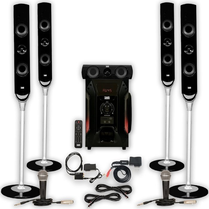 Acoustic Audio AAT1000 Tower 5.1 Speakers with Bluetooth Optical Input 2 Mics and 2 Extension Cables N2