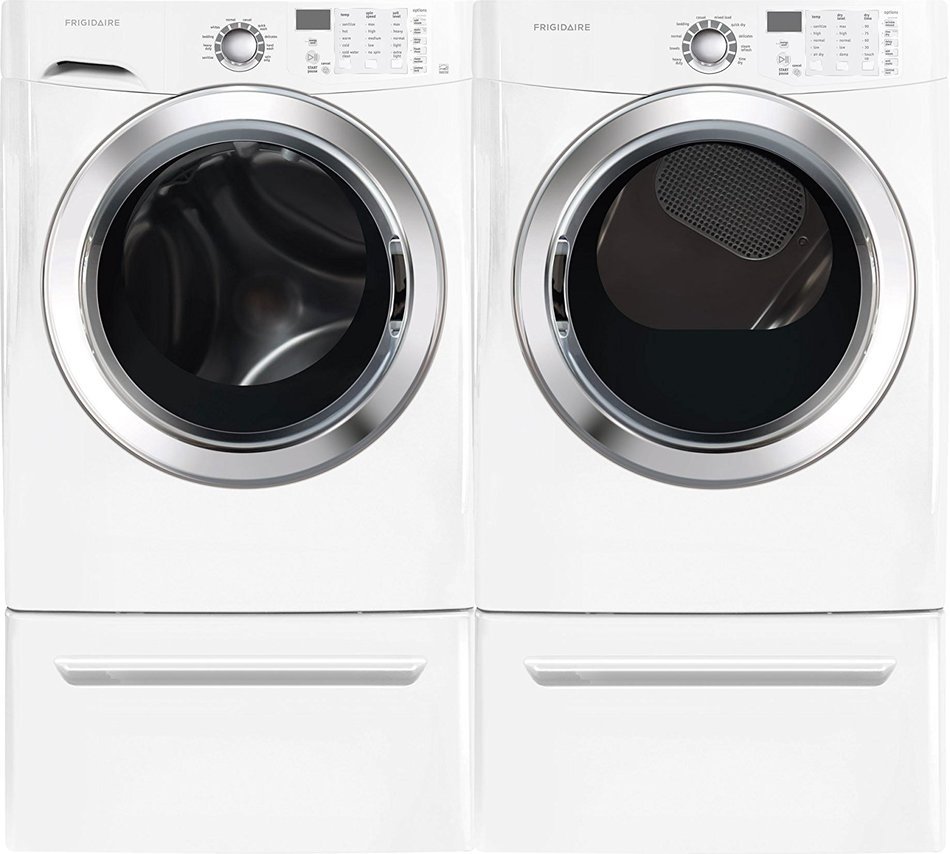 Frigidaire White Front Load Laundry Pair with FFFS5115PW 27" Washer, FFSE5115PW 27" Electric Dryer and 2 CFPWD15W...