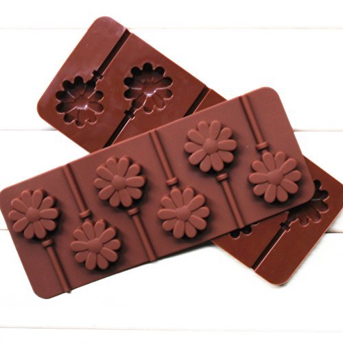 Wocuz 4-capacity Heart Star Flower Round Shape Silicone Lollipop Making Mold with Sticks (flower) N3