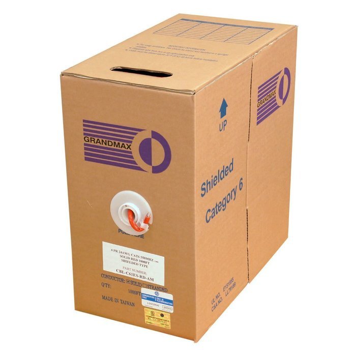 Grandmax CAT6 550MHz Shielded Solid Bulk Cable, 1000ft, STP Pull Box, CMR Rated, 100% Pure Copper, Multiple Colors... N24