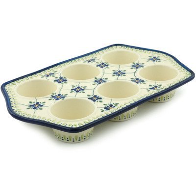 Polish Pottery Muffin Pan 14-inch Gingham Trellis N5