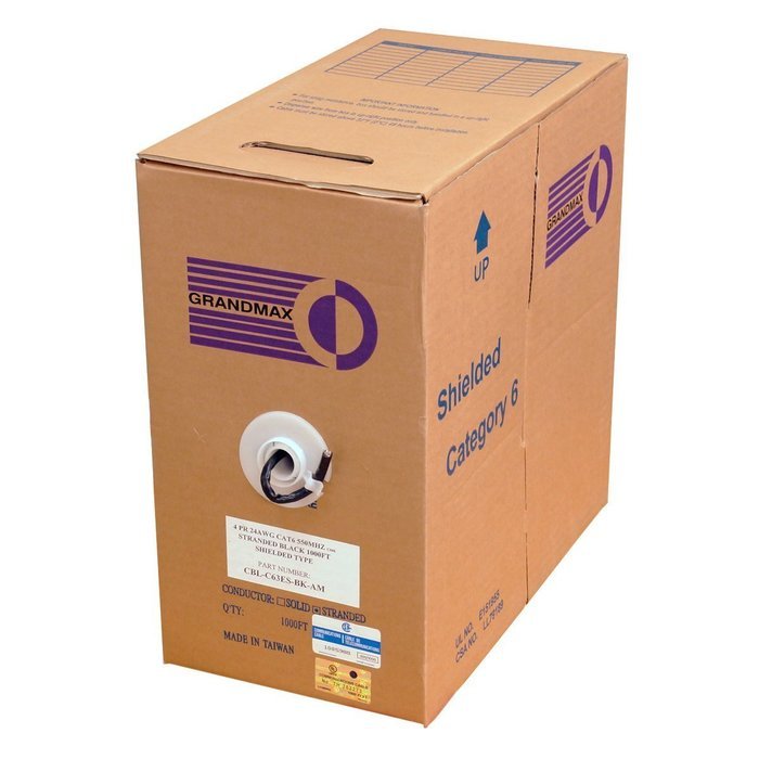 Grandmax CAT6 550MHz Shielded Solid Bulk Cable, 1000ft, STP Pull Box, CMR Rated, 100% Pure Copper, Multiple Colors... N26