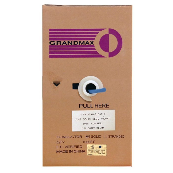 Grandmax CAT6 550MHz Shielded Solid Bulk Cable, 1000ft, STP Pull Box, CMR Rated, 100% Pure Copper, Multiple Colors... N28