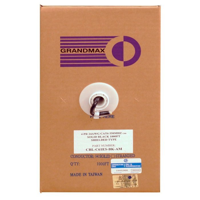 Grandmax CAT6 550MHz Shielded Solid Bulk Cable, 1000ft, STP Pull Box, CMR Rated, 100% Pure Copper, Multiple Colors... N29