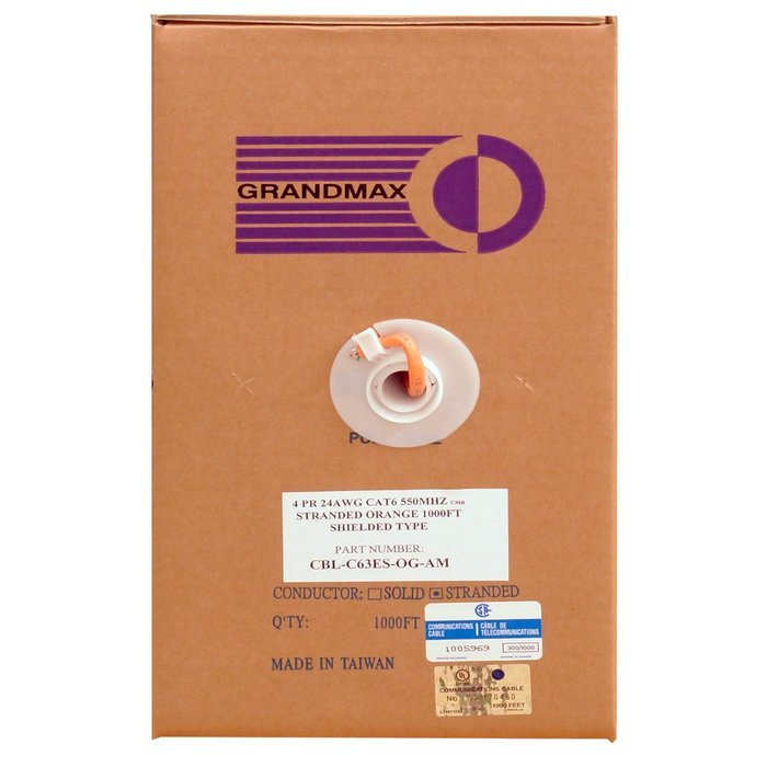 Grandmax CAT6 550MHz Shielded Solid Bulk Cable, 1000ft, STP Pull Box, CMR Rated, 100% Pure Copper, Multiple Colors... N31