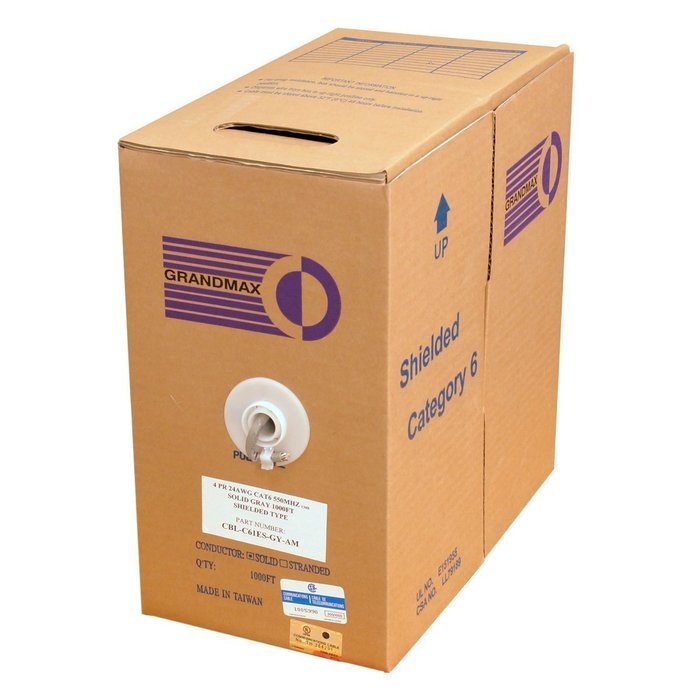 Grandmax CAT6 550MHz Shielded Solid Bulk Cable, 1000ft, STP Pull Box, CMR Rated, 100% Pure Copper, Multiple Colors... N34