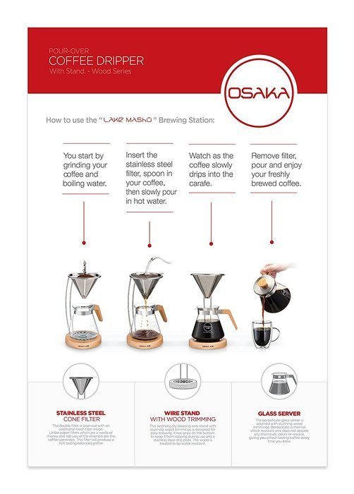Osaka Pour-Over Coffee Dripper with Wood Stand - Full Brewing Set for a Homemade Pourover. "Lake Mashu" (Natrual) N3