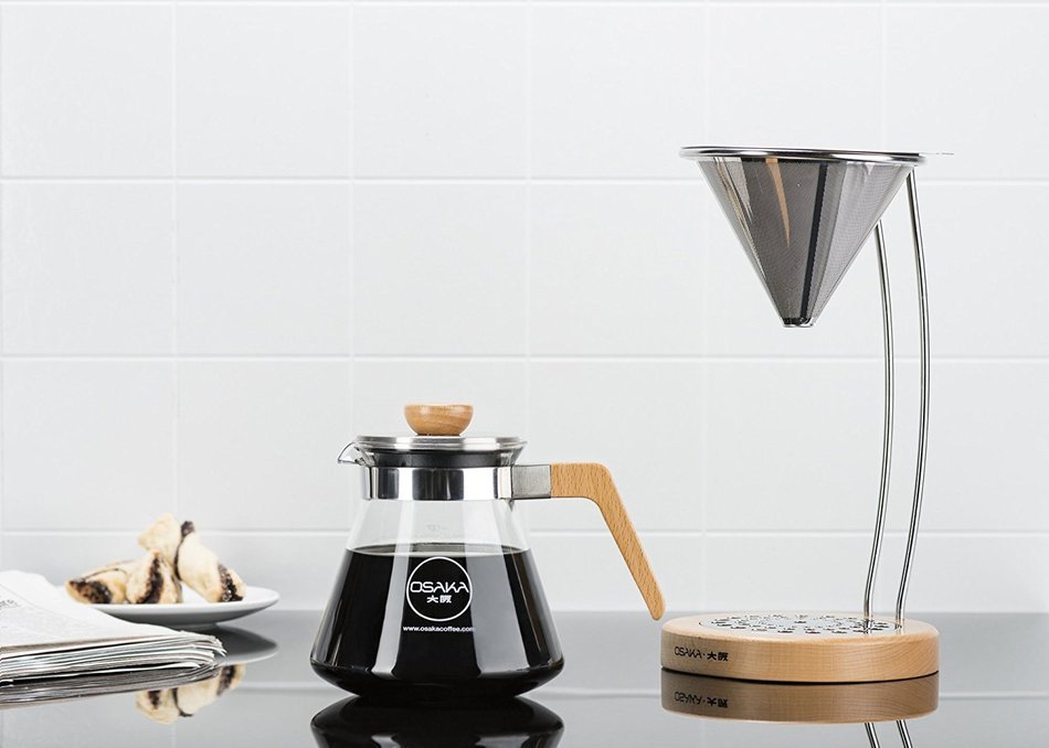 Osaka Pour-Over Coffee Dripper with Wood Stand - Full Brewing Set for a Homemade Pourover. "Lake Mashu" (Natrual) N4