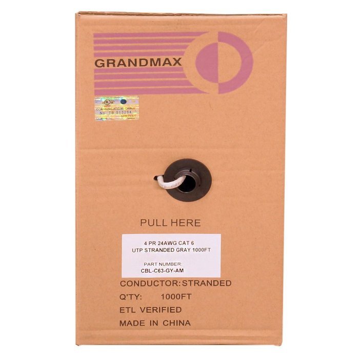 Grandmax CAT6 550MHz Shielded Solid Bulk Cable, 1000ft, STP Pull Box, CMR Rated, 100% Pure Copper, Multiple Colors... N36